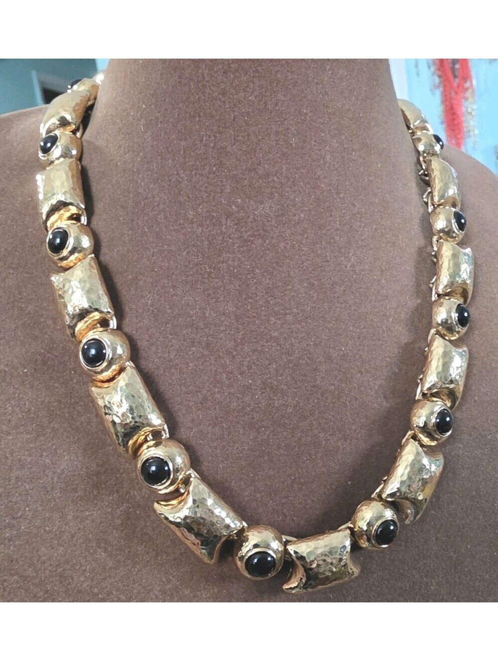 Vintage Monet Black Cabochon Chunky Choker Gold Tone Link Necklace